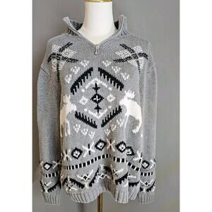Timberlea Vintage Gray Knit Zip Sweater Reindeer Holiday Christmas Winter Sz L